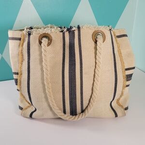 Vince Camuto canvas tote bag with cream and navy stripes and rope handles